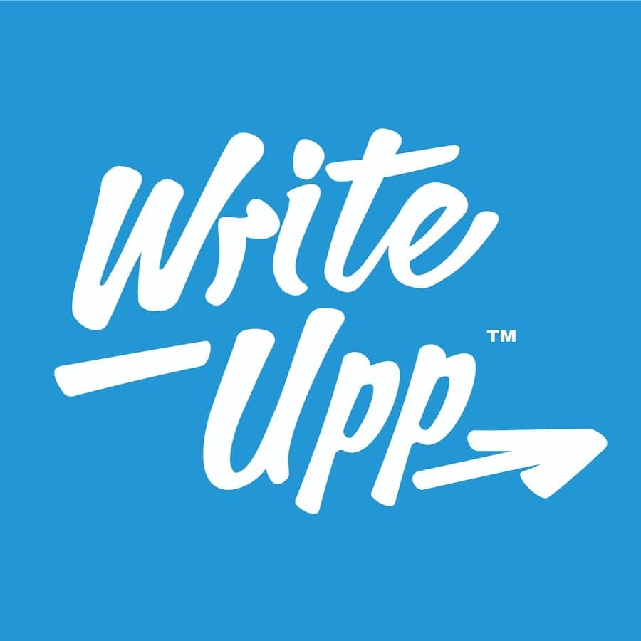 Logo for WriteUpp Practice Management EHR with blue background and white text